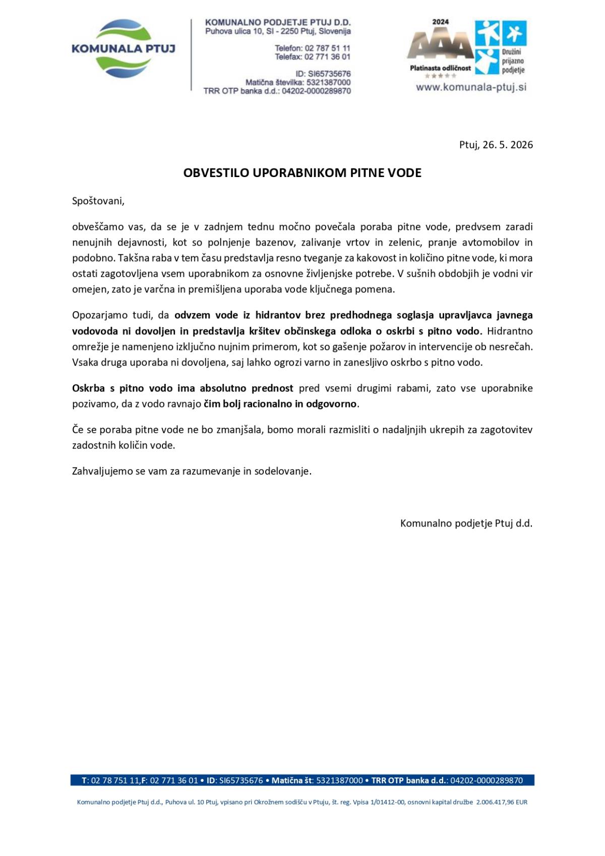Obvestilo - racionalna uporaba pitne vode, maj 2026_page-0001